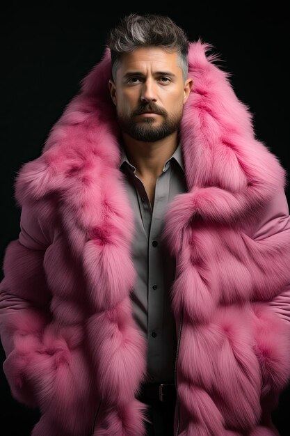 Uomo con cappotto di pelliccia rosa e barba AI generativa