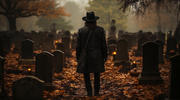 Uomo con cappotto e cappello che cammina attraverso un vecchio cimitero il pomeriggio di Halloween
