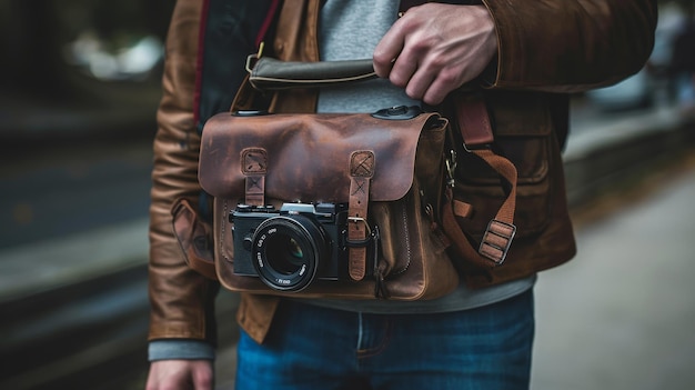 Uomo con cappotto nero che tiene una borsa marrone Giornata mondiale della fotografia.