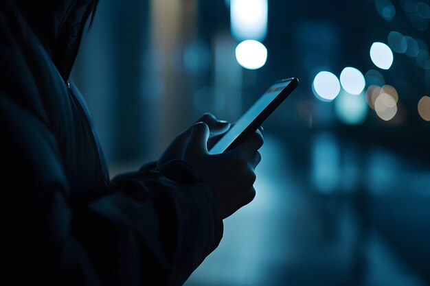 Uomo con cappuccio che usa un telefono cellulare in città di notte