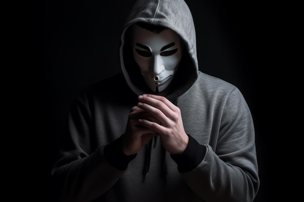 Uomo con cappuccio misterioso con maschera nera che tiene in mano una maschera bianca nel carattere del viso