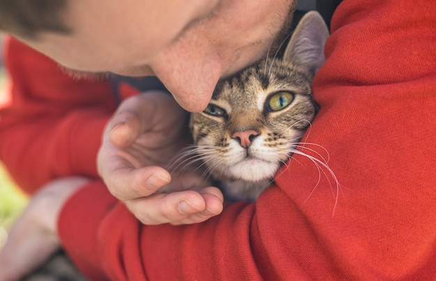 Uomo con gatto grigio senzatetto strret con grandi occhi olivastri. Amicizia di animali e persone