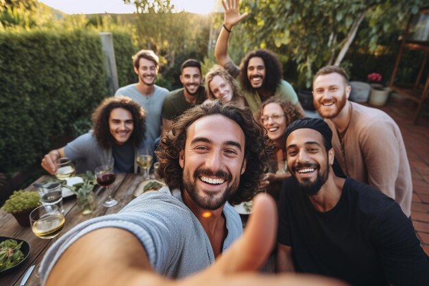 Uomo con gli amici che si fa un selfie con lo smartphone