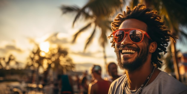 uomo con gli occhiali da sole sullo sfondo della spiaggia azzurra AI generativa