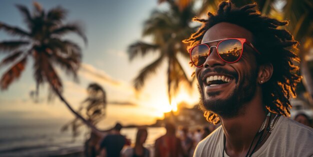 uomo con gli occhiali da sole sullo sfondo della spiaggia azzurra AI generativa