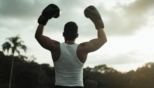 uomo con guanti da boxe vittoria e successo back view