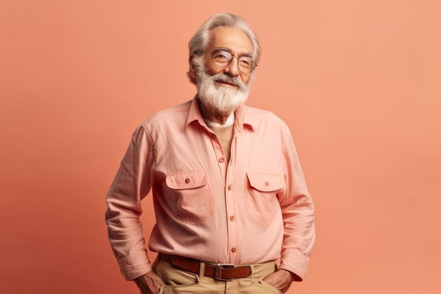 Uomo con i capelli bianchi e la barba con le mani in tasca sfondo rosa girato in studio IA generativa