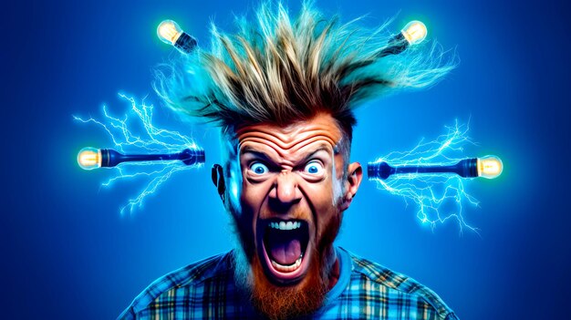 Uomo con i capelli in aria con fili elettrici sopra la testa