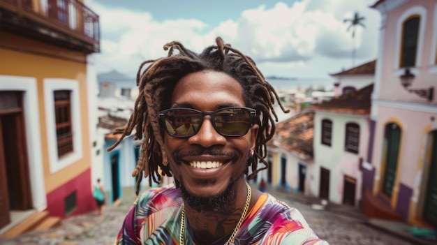 Uomo con i dreadlocks di fronte a un edificio colorato