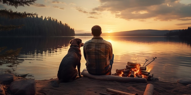 uomo con il cane sulla riva del lago IA generativa