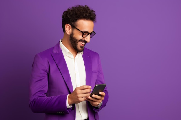 Uomo con il telefono su sfondo viola