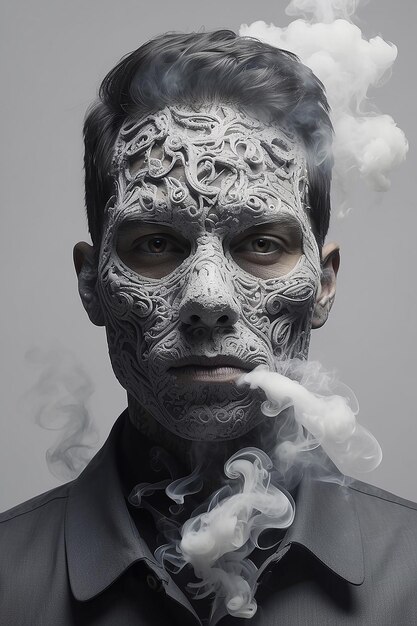 Uomo con il volto coperto dal fumo su sfondo grigio creato utilizzando la tecnologia ai generativa