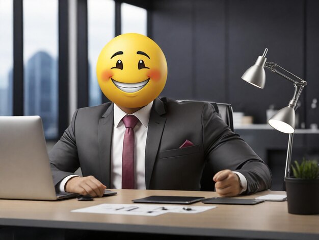 Uomo con l'emoji sorridente in ufficio