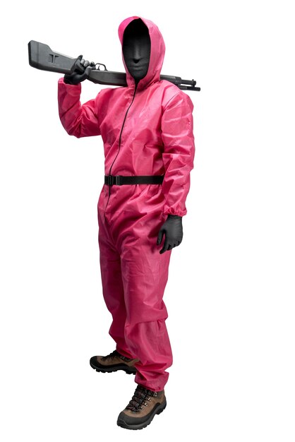 Uomo con l'uniforme rosa che tiene il fucile isolato su sfondo bianco