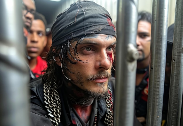 Uomo con la bandana sulla testa in treno