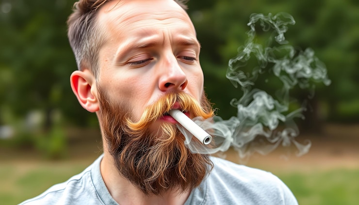Foto uomo con la barba che fuma sigarette elettroniche all'aperto isolate con luci bianche