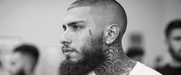 Uomo con la barba e i tatuaggi sul viso