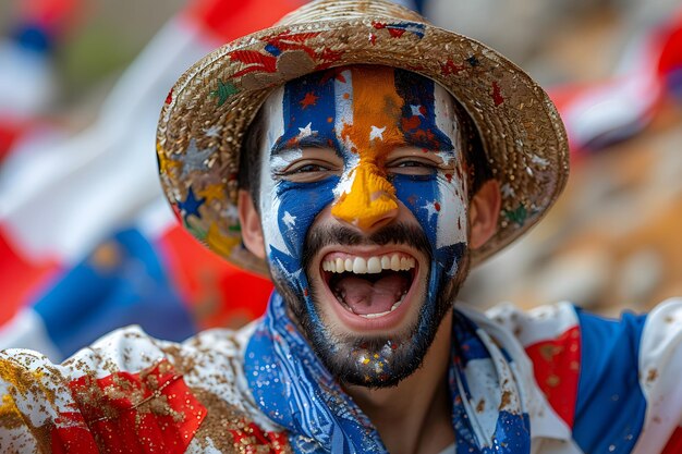 Uomo con la faccia dipinta come una bandiera