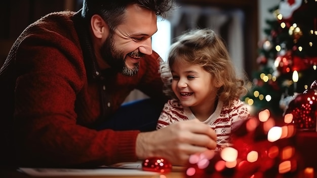 Uomo con la figlia che tocca il giocattolo di Natale a casa