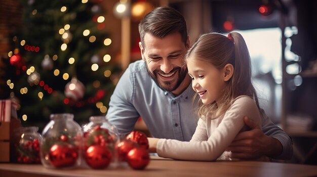 Uomo con la figlia che tocca il giocattolo di Natale a casa