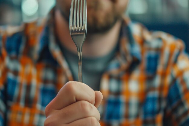 Uomo con la forchetta al tavolo