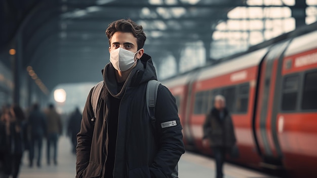 Uomo con la maschera davanti al treno