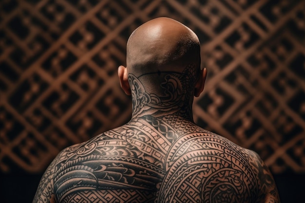 Uomo con la testa rasata e intricato modello di tatuaggio vista posteriore IA generativa