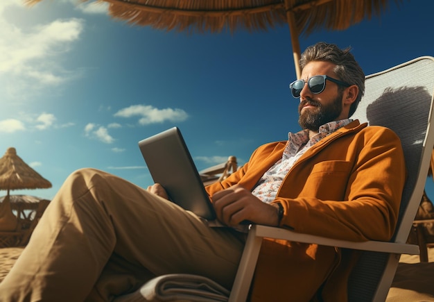 Uomo con laptop seduto sul divano sulla spiaggia Concept freelance