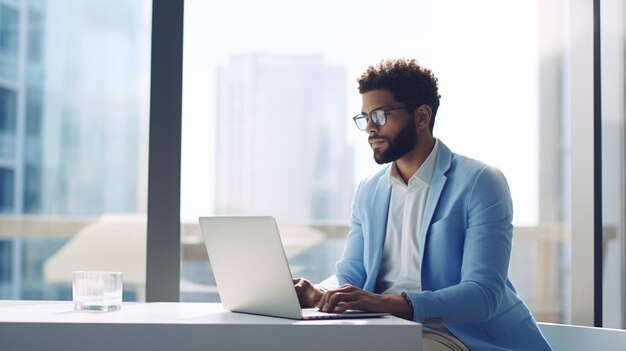 uomo con laptop seduto sulla scrivania e sulla finestra