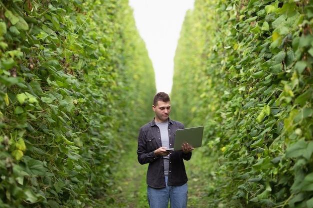 Uomo con laptop tra campo verde Ingegnere lavoro outdoorxA