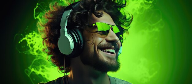 Uomo con le cuffie che ascolta musica e balla DJ con sorriso gioioso hipster ritratto di stile di vita adolescente con sfondo verde e luci al neon area aperta per te
