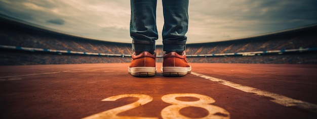 Uomo con le scarpe rosse in piedi sulla pista dello stadio