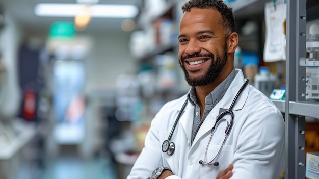 Uomo con lo stetoscopio in farmacia