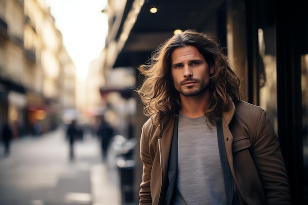 uomo con lunghi capelli castani in una strada a Parigi uomo con un blog di viaggi paesaggistici
