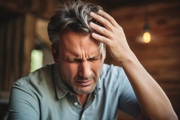 Uomo con mal di testa Uomo con espressione facciale dolorosa che soffre di dolore Concetto di stress e depressione