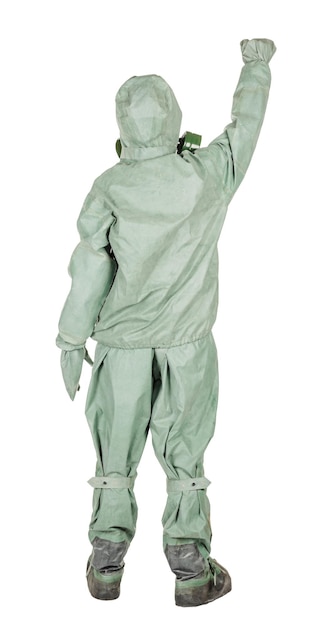 Uomo con maschera protettiva e indumenti protettivi disegno su sfondo bianco