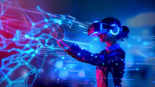 uomo con occhiale VR di realtà virtuale interagisce con il pannello di interfaccia virtuale