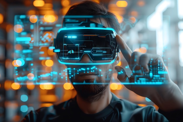 Uomo con occhiali futuristici che interagisce con i gesti delle mani Visione del futuro