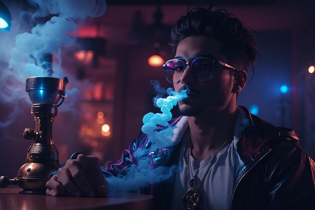 Uomo con occhiali futuristici fuma un narghilè e soffia una nube di fumo in un bar di shisha con luci al neon rosse e blu