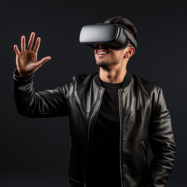 uomo con occhiali VR che gioca a videogiochi con cuffie di realtà virtuale che cerca di toccare qualcosa