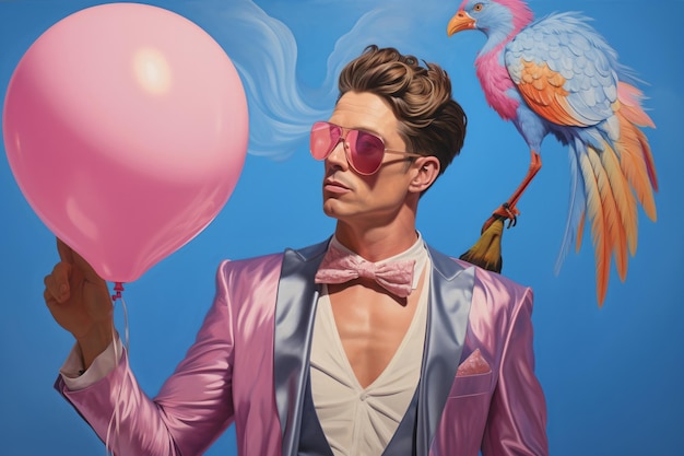 Uomo con palloncino rosa e uccello blu