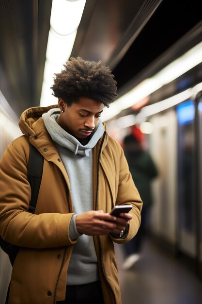 Uomo con smartphone nella metropolitana scorre i messaggi completamente assorbito nel mondo digitale