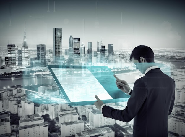 Uomo con tablet con città digitale Illustrazione AI Generative