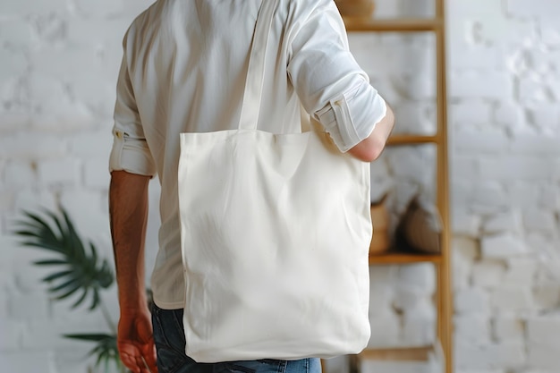 Uomo con un'autentica borsa di cotone bianco non lucidato