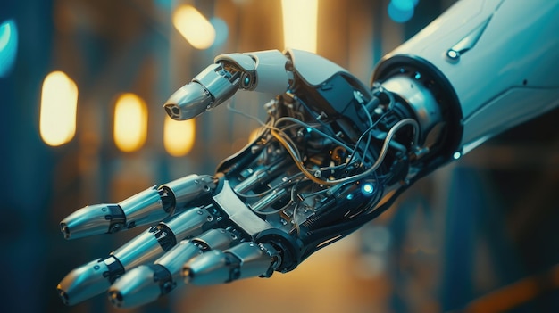 uomo con un braccio artificiale robotico macchina mano usandolo nella vita quotidiana tecnologia di innovazione