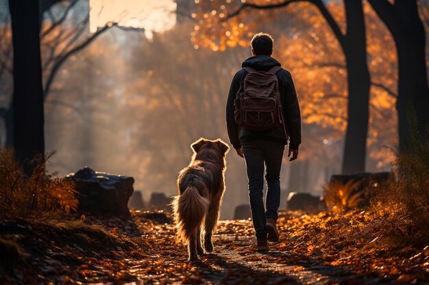 Uomo con un cane a fare una passeggiata nel parco IA generativa