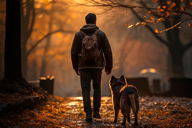 Uomo con un cane a fare una passeggiata nel parco IA generativa