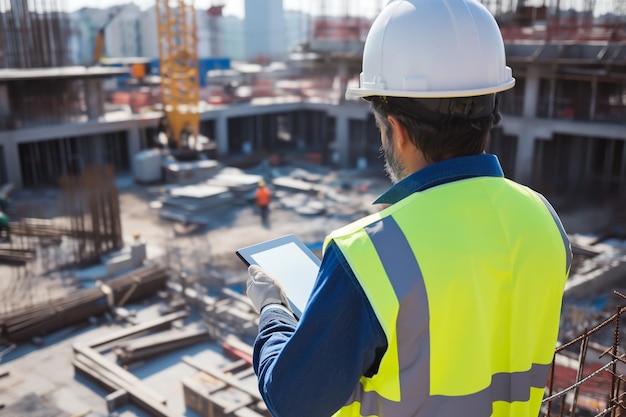 Uomo con un casco duro sul cantiere che usa un tablet per rivedere i piani