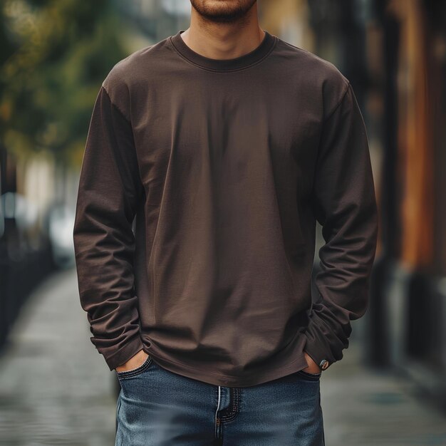 Uomo con una camicia marrone a maniche lunghe che cammina per strada