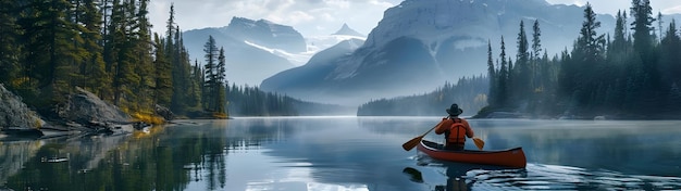 Uomo con una canoa sul lago e le montagne sulla schiena Ai Generato